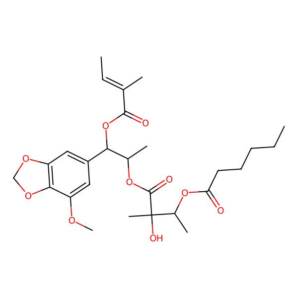 2D Structure of [3-Hydroxy-4-[1-(7-methoxy-1,3-benzodioxol-5-yl)-1-(2-methylbut-2-enoyloxy)propan-2-yl]oxy-3-methyl-4-oxobutan-2-yl] hexanoate