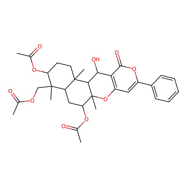 2D Structure of (5,9-Diacetyloxy-18-hydroxy-2,6,10-trimethyl-16-oxo-14-phenyl-11,15-dioxatetracyclo[8.8.0.02,7.012,17]octadeca-12(17),13-dien-6-yl)methyl acetate