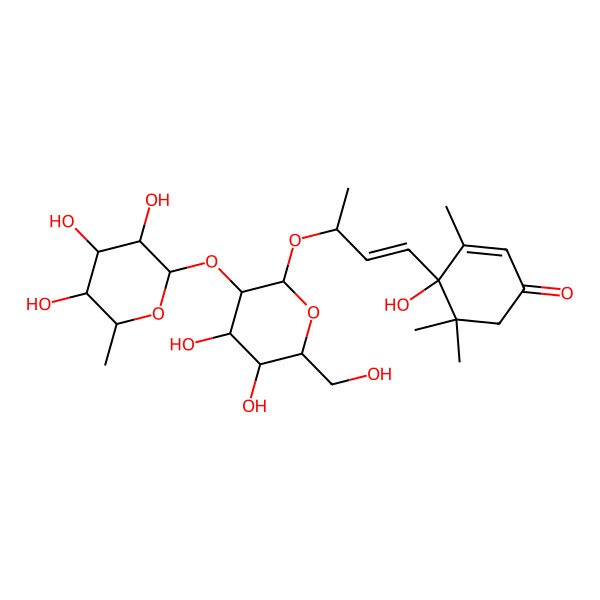 2D Structure of (4S)-4-[(E,3R)-3-[(2R,3R,4S,5S,6R)-4,5-dihydroxy-6-(hydroxymethyl)-3-[(2S,3R,4R,5R,6S)-3,4,5-trihydroxy-6-methyloxan-2-yl]oxyoxan-2-yl]oxybut-1-enyl]-4-hydroxy-3,5,5-trimethylcyclohex-2-en-1-one