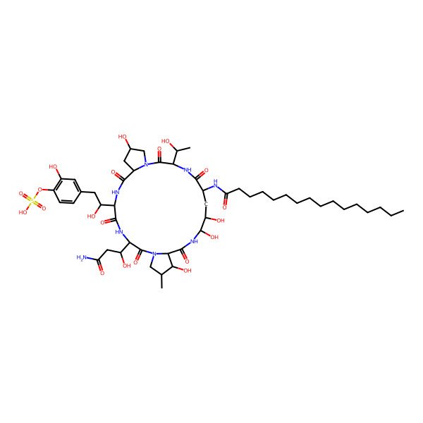 2D Structure of [4-[(2R)-2-[(3R,6S,9S,11R,15R,18S,20S,21S,24S,25S,26S)-3-[(1R)-3-amino-1-hydroxy-3-oxopropyl]-18-(hexadecanoylamino)-11,20,21,25-tetrahydroxy-15-[(1S)-1-hydroxyethyl]-26-methyl-2,5,8,14,17,23-hexaoxo-1,4,7,13,16,22-hexazatricyclo[22.3.0.09,13]heptacosan-6-yl]-2-hydroxyethyl]-2-hydroxyphenyl] hydrogen sulfate