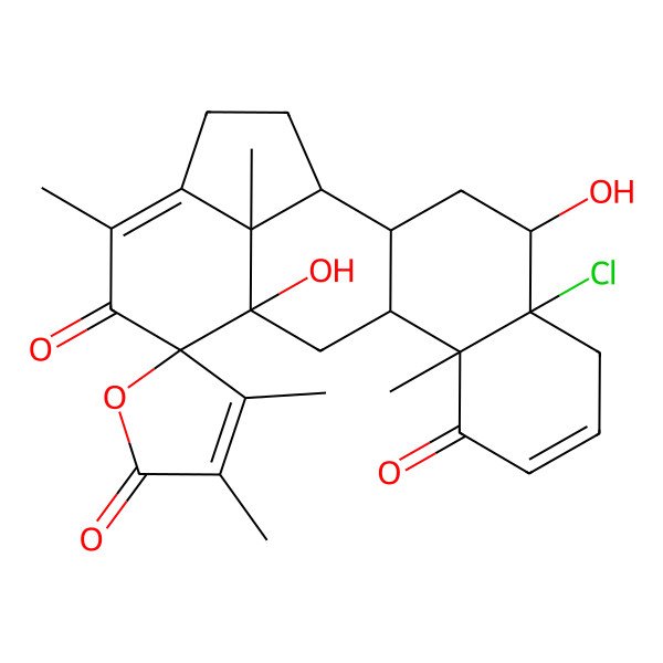 2D Structure of (5R,5aR,6aS,6bS,10aR,11R,12aS,12bS,12cS)-10a-chloro-5a,11-dihydroxy-3,3',4',6b,12c-pentamethylspiro[2,6,6a,10,11,12,12a,12b-octahydro-1H-benzo[j]aceanthrylene-5,5'-furan]-2',4,7-trione