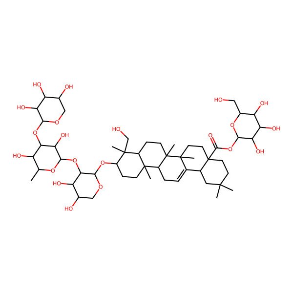 2D Structure of [(2S,3R,4S,5S,6R)-3,4,5-trihydroxy-6-(hydroxymethyl)oxan-2-yl] (4aS,6aR,6aS,6bR,8aR,9R,10S,12aR,14bS)-10-[(2R,3S,4R,5R)-3-[(2S,3R,4R,5S,6S)-3,5-dihydroxy-6-methyl-4-[(2S,3R,4S,5R)-3,4,5-trihydroxyoxan-2-yl]oxyoxan-2-yl]oxy-4,5-dihydroxyoxan-2-yl]oxy-9-(hydroxymethyl)-2,2,6a,6b,9,12a-hexamethyl-1,3,4,5,6,6a,7,8,8a,10,11,12,13,14b-tetradecahydropicene-4a-carboxylate
