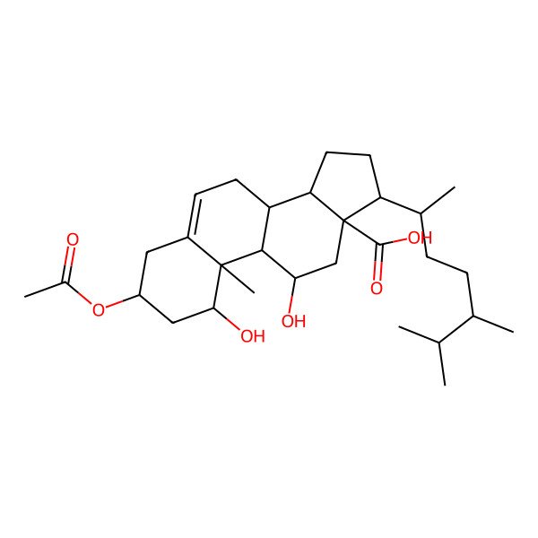 2D Structure of (1S,3R,8S,9S,10R,11R,13S,14S,17R)-3-acetyloxy-17-[(2R,5S)-5,6-dimethylheptan-2-yl]-1,11-dihydroxy-10-methyl-2,3,4,7,8,9,11,12,14,15,16,17-dodecahydro-1H-cyclopenta[a]phenanthrene-13-carboxylic acid