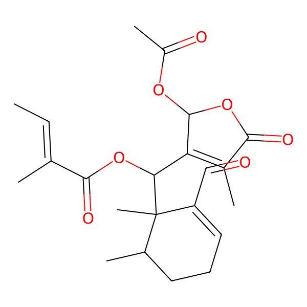 2D Structure of [(S)-[(2S)-2-acetyloxy-4-methyl-5-oxo-2H-furan-3-yl]-[(1R,6S)-2-formyl-1,6-dimethylcyclohex-2-en-1-yl]methyl] (Z)-2-methylbut-2-enoate