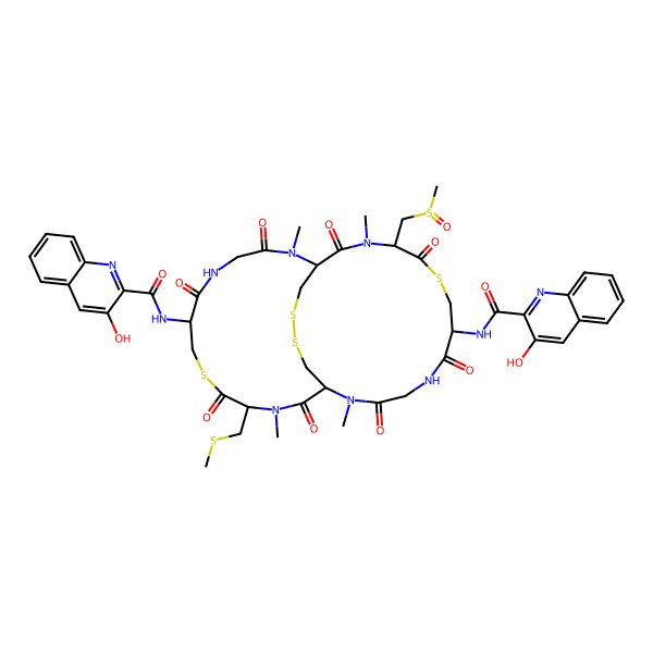 2D Structure of 3-hydroxy-N-[20-[(3-hydroxyquinoline-2-carbonyl)amino]-2,12,15,25-tetramethyl-11-(methylsulfanylmethyl)-24-(methylsulfinylmethyl)-3,6,10,13,16,19,23,26-octaoxo-9,22,28,29-tetrathia-2,5,12,15,18,25-hexazabicyclo[12.12.4]triacontan-7-yl]quinoline-2-carboxamide