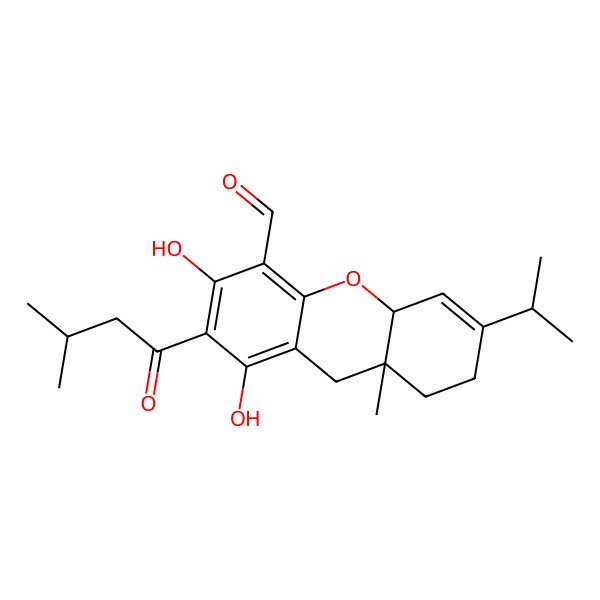 2D Structure of (8aR,10aR)-1,3-dihydroxy-8a-methyl-2-(3-methylbutanoyl)-6-propan-2-yl-7,8,9,10a-tetrahydroxanthene-4-carbaldehyde