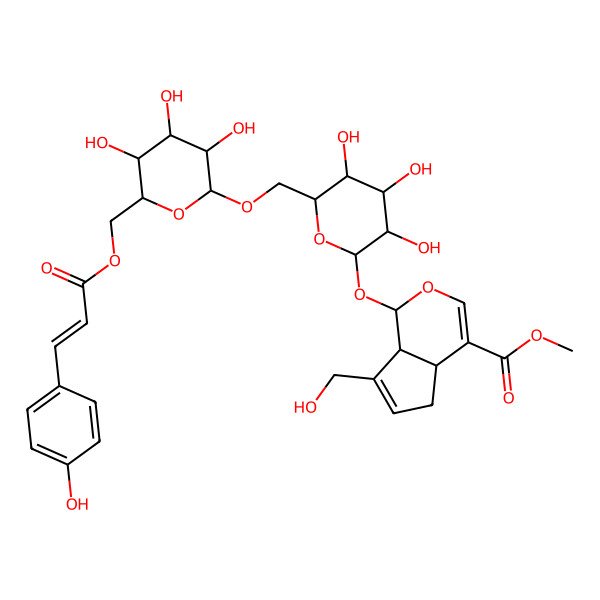 2D Structure of Methyl 7-(hydroxymethyl)-1-[3,4,5-trihydroxy-6-[[3,4,5-trihydroxy-6-[3-(4-hydroxyphenyl)prop-2-enoyloxymethyl]oxan-2-yl]oxymethyl]oxan-2-yl]oxy-1,4a,5,7a-tetrahydrocyclopenta[c]pyran-4-carboxylate