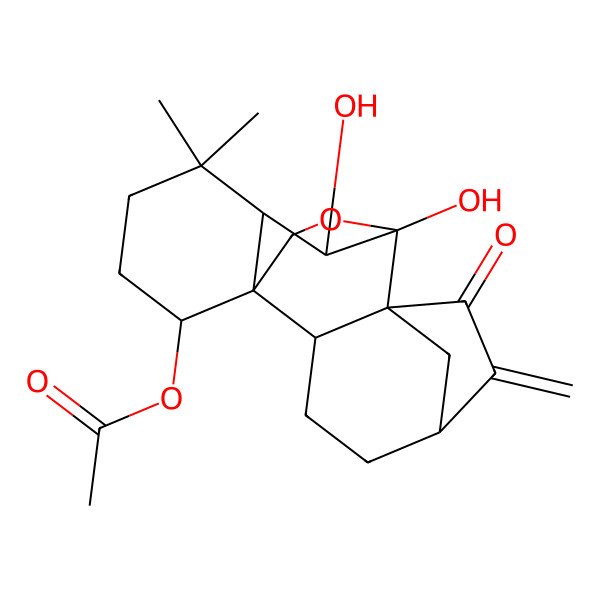 2D Structure of (9,10-Dihydroxy-12,12-dimethyl-6-methylidene-7-oxo-17-oxapentacyclo[7.6.2.15,8.01,11.02,8]octadecan-15-yl) acetate