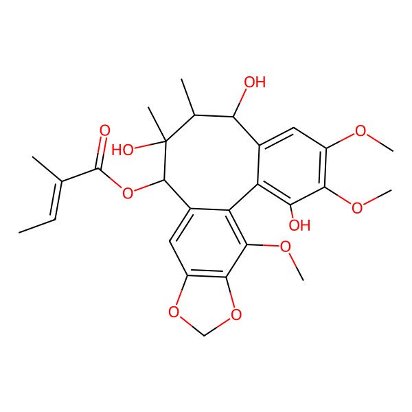 2D Structure of (3,8,10-Trihydroxy-4,5,19-trimethoxy-9,10-dimethyl-15,17-dioxatetracyclo[10.7.0.02,7.014,18]nonadeca-1(19),2,4,6,12,14(18)-hexaen-11-yl) 2-methylbut-2-enoate