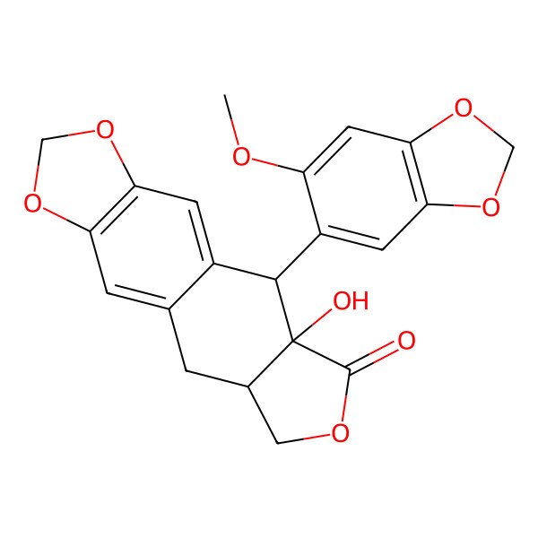 2D Structure of (5S,5aS,8aS)-5a-hydroxy-5-(6-methoxy-1,3-benzodioxol-5-yl)-5,8,8a,9-tetrahydro-[2]benzofuro[5,6-f][1,3]benzodioxol-6-one