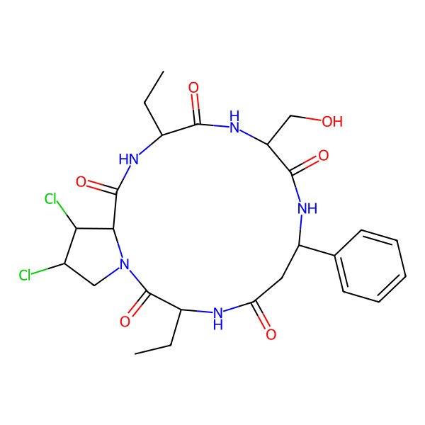 2D Structure of (3R,10R,13R,16S,17R,18S)-17,18-dichloro-3,13-diethyl-10-(hydroxymethyl)-7-phenyl-1,4,8,11,14-pentazabicyclo[14.3.0]nonadecane-2,5,9,12,15-pentone