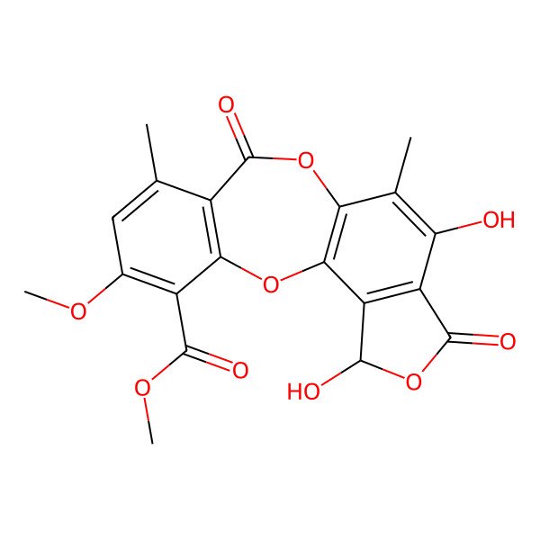 2D Structure of methyl (17S)-13,17-dihydroxy-5-methoxy-7,12-dimethyl-9,15-dioxo-2,10,16-trioxatetracyclo[9.7.0.03,8.014,18]octadeca-1(11),3(8),4,6,12,14(18)-hexaene-4-carboxylate