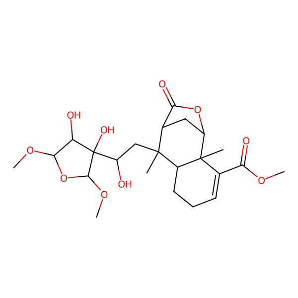 2D Structure of Methyl 8-[2-(3,4-dihydroxy-2,5-dimethoxyoxolan-3-yl)-2-hydroxyethyl]-2,8-dimethyl-10-oxo-11-oxatricyclo[7.2.1.02,7]dodec-3-ene-3-carboxylate