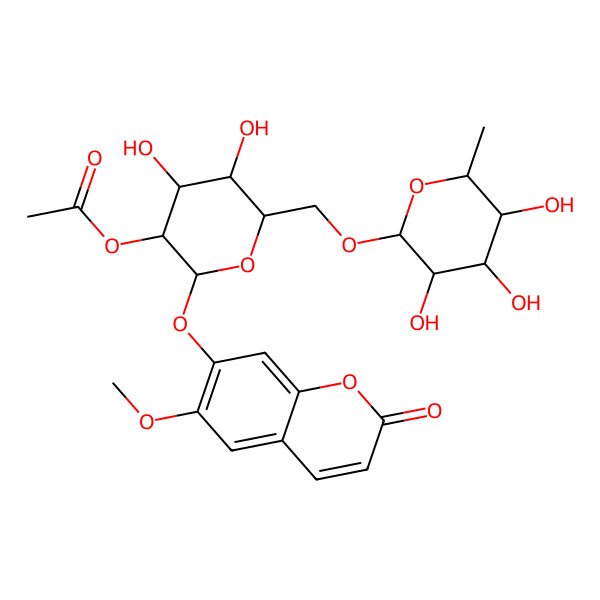 2D Structure of [(2S,3R,4S,5S,6R)-4,5-dihydroxy-2-(6-methoxy-2-oxochromen-7-yl)oxy-6-[[(2R,3R,4R,5R,6S)-3,4,5-trihydroxy-6-methyloxan-2-yl]oxymethyl]oxan-3-yl] acetate