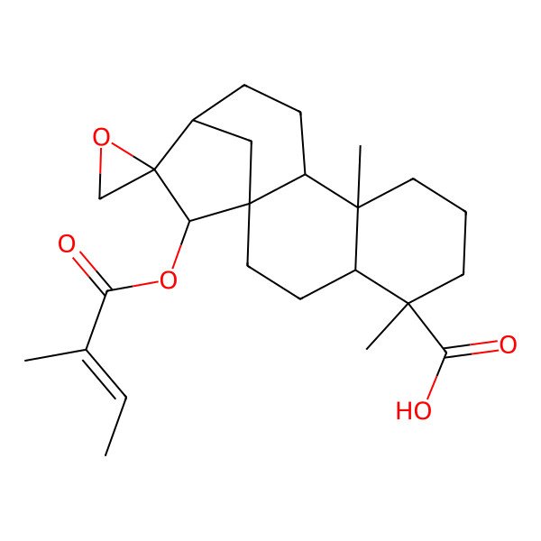 2D Structure of (1'R,2R,4'S,5'R,9'S,10'S,13'R,15'R)-5',9'-dimethyl-15'-[(Z)-2-methylbut-2-enoyl]oxyspiro[oxirane-2,14'-tetracyclo[11.2.1.01,10.04,9]hexadecane]-5'-carboxylic acid
