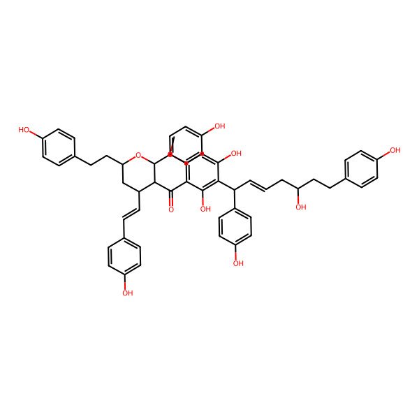 2D Structure of [2,4-dihydroxy-3-[(E,1S,5S)-5-hydroxy-1,7-bis(4-hydroxyphenyl)hept-2-enyl]-6-methoxyphenyl]-[(2S,3S,4S,6S)-2-(4-hydroxyphenyl)-4-[(E)-2-(4-hydroxyphenyl)ethenyl]-6-[2-(4-hydroxyphenyl)ethyl]oxan-3-yl]methanone