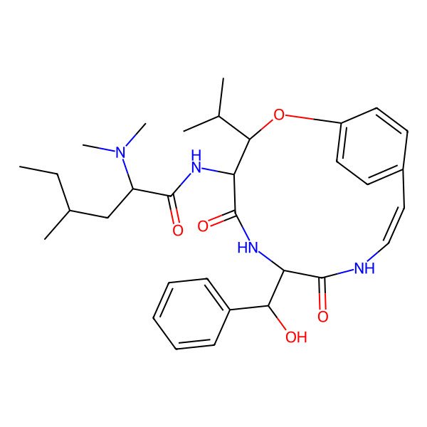 2D Structure of (2S,4S)-2-(dimethylamino)-N-[(3S,4R,7R,10Z)-7-[(R)-hydroxy(phenyl)methyl]-5,8-dioxo-3-propan-2-yl-2-oxa-6,9-diazabicyclo[10.2.2]hexadeca-1(14),10,12,15-tetraen-4-yl]-4-methylhexanamide