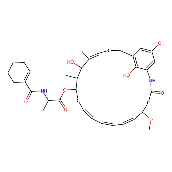 2D Structure of (15,22,24-Trihydroxy-5-methoxy-14,16-dimethyl-3-oxo-2-azabicyclo[18.3.1]tetracosa-1(23),6,8,10,16,20(24),21-heptaen-13-yl) 2-(cyclohexene-1-carbonylamino)propanoate