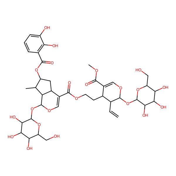 2D Structure of 2-[(2S,3R,4S)-3-ethenyl-5-methoxycarbonyl-2-[(2S,3R,4S,5S,6R)-3,4,5-trihydroxy-6-(hydroxymethyl)oxan-2-yl]oxy-3,4-dihydro-2H-pyran-4-yl]ethyl (1S,4aS,6S,7R,7aS)-6-(2,3-dihydroxybenzoyl)oxy-7-methyl-1-[(2S,3R,4S,5S,6R)-3,4,5-trihydroxy-6-(hydroxymethyl)oxan-2-yl]oxy-1,4a,5,6,7,7a-hexahydrocyclopenta[c]pyran-4-carboxylate