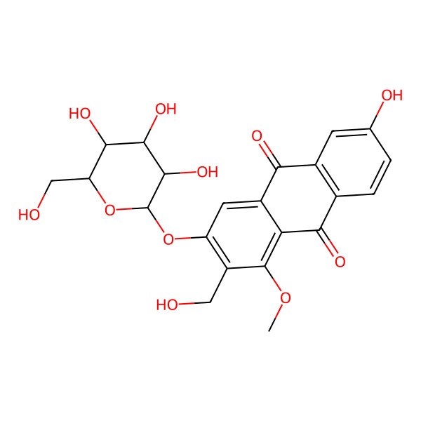 2D Structure of 6-Hydroxy-2-(hydroxymethyl)-1-methoxy-3-[3,4,5-trihydroxy-6-(hydroxymethyl)oxan-2-yl]oxyanthracene-9,10-dione