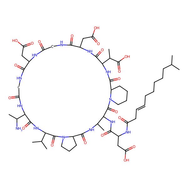 2D Structure of 4-[[16-(1-Aminoethyl)-31-(1-carboxyethyl)-22,28-bis(carboxymethyl)-4-methyl-2,6,12,15,18,21,24,27,30,33-decaoxo-13-propan-2-yl-1,5,11,14,17,20,23,26,29,32-decazatricyclo[32.4.0.07,11]octatriacontan-3-yl]amino]-3-(10-methylundec-3-enoylamino)-4-oxobutanoic acid