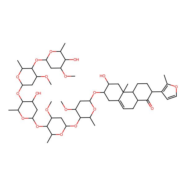 2D Structure of 6-Hydroxy-7-[5-[5-[4-hydroxy-5-[5-(5-hydroxy-4-methoxy-6-methyloxan-2-yl)oxy-4-methoxy-6-methyloxan-2-yl]oxy-6-methyloxan-2-yl]oxy-4-methoxy-6-methyloxan-2-yl]oxy-4-methoxy-6-methyloxan-2-yl]oxy-4b-methyl-2-(2-methylfuran-3-yl)-2,3,4,4a,5,6,7,8,10,10a-decahydrophenanthren-1-one