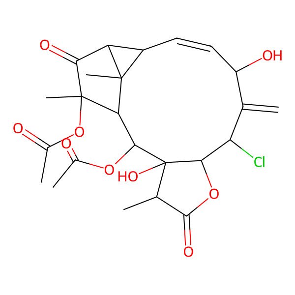 2D Structure of (15-Acetyloxy-7-chloro-5,12-dihydroxy-1,11,15-trimethyl-6-methylidene-10,16-dioxo-9-oxatetracyclo[12.3.0.02,17.08,12]heptadec-3-en-13-yl) acetate