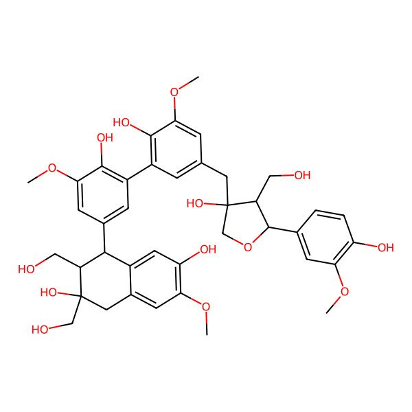 2D Structure of 4-[4-hydroxy-3-[2-hydroxy-5-[[3-hydroxy-5-(4-hydroxy-3-methoxyphenyl)-4-(hydroxymethyl)oxolan-3-yl]methyl]-3-methoxyphenyl]-5-methoxyphenyl]-2,3-bis(hydroxymethyl)-7-methoxy-3,4-dihydro-1H-naphthalene-2,6-diol