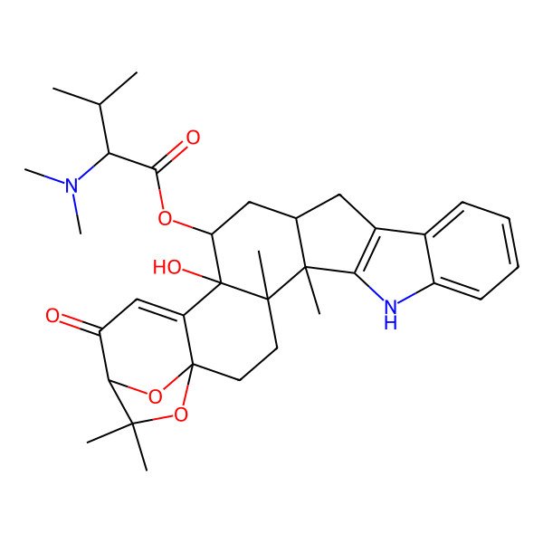 2D Structure of (19-Hydroxy-4,5,24,24-tetramethyl-22-oxo-25,26-dioxa-7-azaheptacyclo[21.2.1.01,20.04,19.05,16.06,14.08,13]hexacosa-6(14),8,10,12,20-pentaen-18-yl) 2-(dimethylamino)-3-methylbutanoate