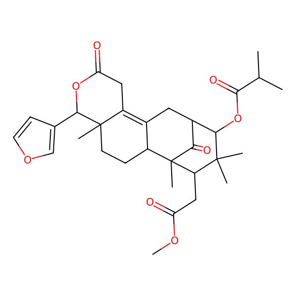 2D Structure of [6-(Furan-3-yl)-16-(2-methoxy-2-oxoethyl)-1,5,15,15-tetramethyl-8,17-dioxo-7-oxatetracyclo[11.3.1.02,11.05,10]heptadec-10-en-14-yl] 2-methylpropanoate
