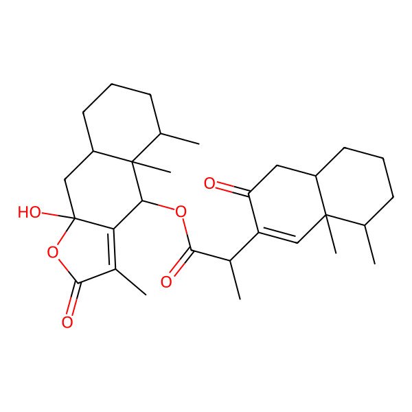 2D Structure of [(4S,4aR,5S,8aR,9aR)-9a-hydroxy-3,4a,5-trimethyl-2-oxo-5,6,7,8,8a,9-hexahydro-4H-benzo[f][1]benzofuran-4-yl] (2R)-2-[(4aR,8S,8aR)-8,8a-dimethyl-3-oxo-4,4a,5,6,7,8-hexahydronaphthalen-2-yl]propanoate