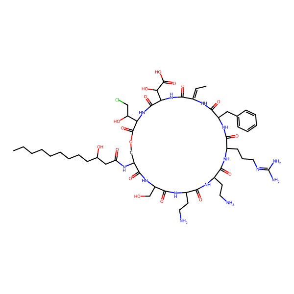 2D Structure of 2-[18,21-Bis(2-aminoethyl)-12-benzyl-3-(2-chloro-1-hydroxyethyl)-15-[3-(diaminomethylideneamino)propyl]-9-ethylidene-27-(3-hydroxydodecanoylamino)-24-(hydroxymethyl)-2,5,8,11,14,17,20,23,26-nonaoxo-1-oxa-4,7,10,13,16,19,22,25-octazacyclooctacos-6-yl]-2-hydroxyacetic acid