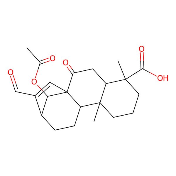 2D Structure of (1R,4R,5R,9R,10R,13R,16S)-16-acetyloxy-14-formyl-5,9-dimethyl-2-oxotetracyclo[11.2.1.01,10.04,9]hexadec-14-ene-5-carboxylic acid