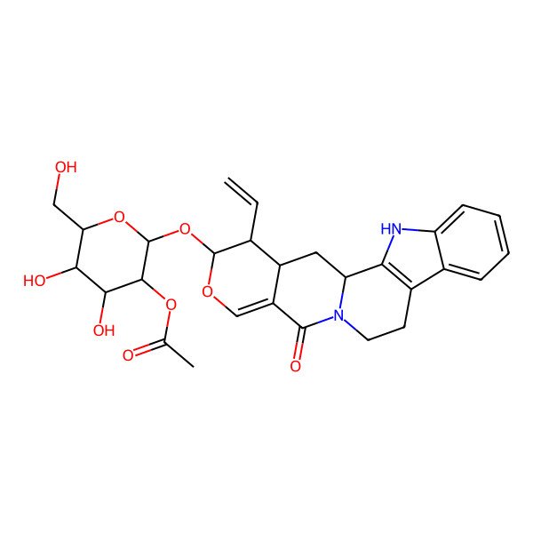 2D Structure of [(2S,3R,4S,5S,6R)-2-[[(1S,18S,19R,20S)-19-ethenyl-14-oxo-17-oxa-3,13-diazapentacyclo[11.8.0.02,10.04,9.015,20]henicosa-2(10),4,6,8,15-pentaen-18-yl]oxy]-4,5-dihydroxy-6-(hydroxymethyl)oxan-3-yl] acetate