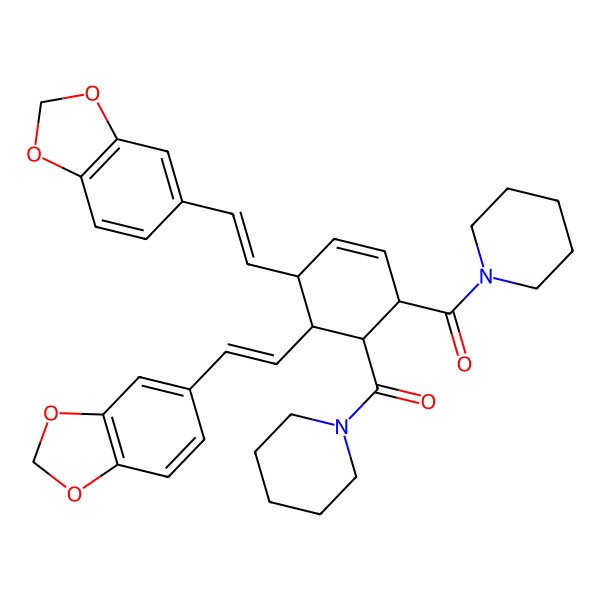 2D Structure of [(1S,4S,5R,6S)-4,5-bis[(E)-2-(1,3-benzodioxol-5-yl)ethenyl]-6-(piperidine-1-carbonyl)cyclohex-2-en-1-yl]-piperidin-1-ylmethanone