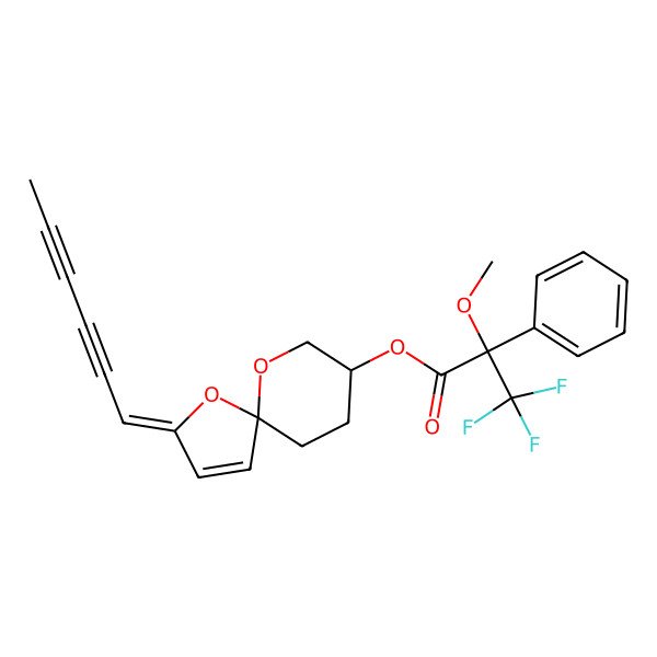 2D Structure of [(2E,5R,8R)-2-hexa-2,4-diynylidene-1,10-dioxaspiro[4.5]dec-3-en-8-yl] (2S)-3,3,3-trifluoro-2-methoxy-2-phenylpropanoate