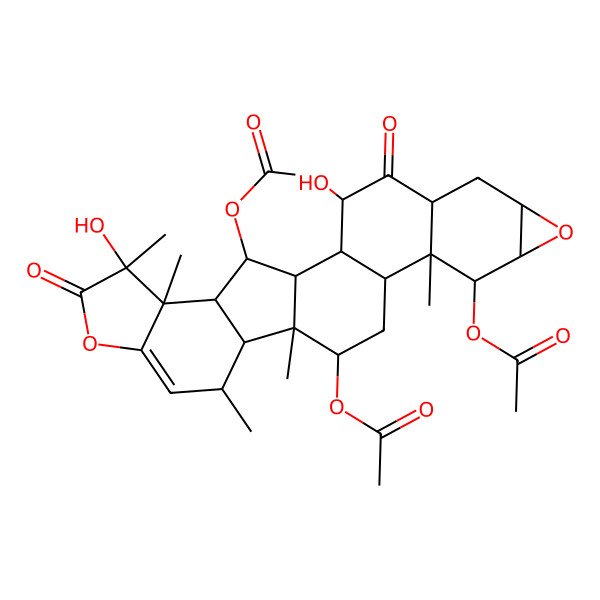2D Structure of [(1S,2R,3R,5S,7S,9S,10R,11R,12S,14S,15R,16S,17S,22S,23S,24S,25R)-10,25-diacetyloxy-3,22-dihydroxy-11,15,17,22,23-pentamethyl-4,21-dioxo-8,20-dioxaheptacyclo[13.10.0.02,12.05,11.07,9.016,24.019,23]pentacos-18-en-14-yl] acetate