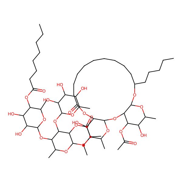 2D Structure of [(2S,3R,4S,5R,6S)-6-[(2S,3S,4R,5R,6S)-6-[[(1R,3S,5S,6R,7R,8R,20S,22R,24R,25S,26S)-26-acetyloxy-7,25-dihydroxy-5,24-dimethyl-10-oxo-20-pentyl-2,4,9,21,23-pentaoxatricyclo[20.4.0.03,8]hexacosan-6-yl]oxy]-2-methyl-5-[(2S)-2-methylbutanoyl]oxy-4-[(2S,3R,4R,5R,6S)-3,4,5-trihydroxy-6-methyloxan-2-yl]oxyoxan-3-yl]oxy-4,5-dihydroxy-2-methyloxan-3-yl] octanoate