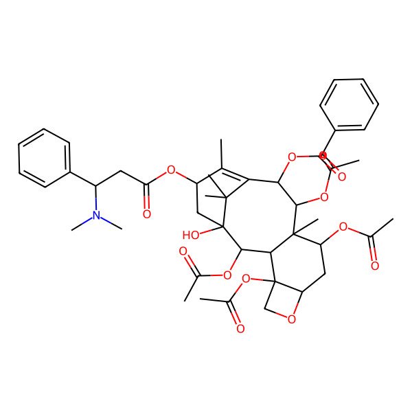2D Structure of [2,4,9,11-Tetraacetyloxy-15-[3-(dimethylamino)-3-phenylpropanoyl]oxy-1-hydroxy-10,14,17,17-tetramethyl-6-oxatetracyclo[11.3.1.03,10.04,7]heptadec-13-en-12-yl] benzoate