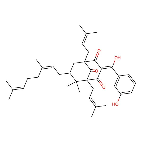 2D Structure of (1R,5S,7S)-7-[(2E)-3,7-dimethylocta-2,6-dienyl]-3-[hydroxy-(3-hydroxyphenyl)methylidene]-6,6-dimethyl-1,5-bis(3-methylbut-2-enyl)bicyclo[3.3.1]nonane-2,4,9-trione