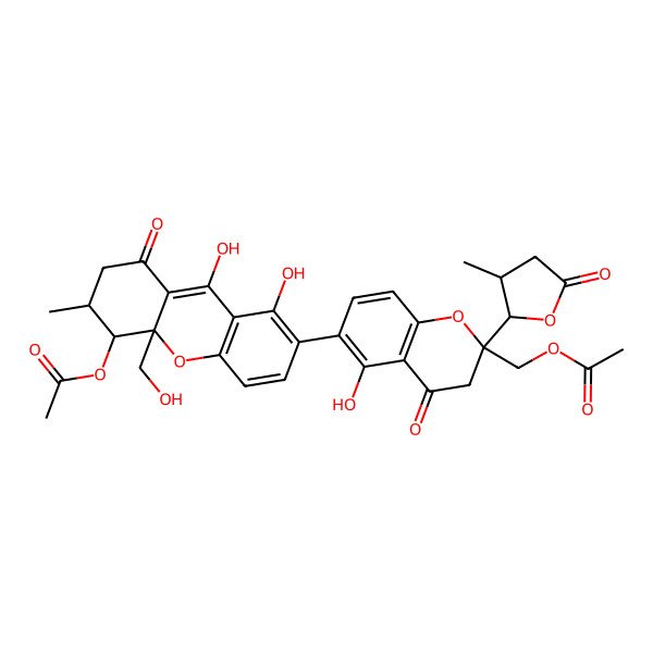 2D Structure of [6-[5-acetyloxy-1,9-dihydroxy-10a-(hydroxymethyl)-6-methyl-8-oxo-6,7-dihydro-5H-xanthen-2-yl]-5-hydroxy-2-(3-methyl-5-oxooxolan-2-yl)-4-oxo-3H-chromen-2-yl]methyl acetate