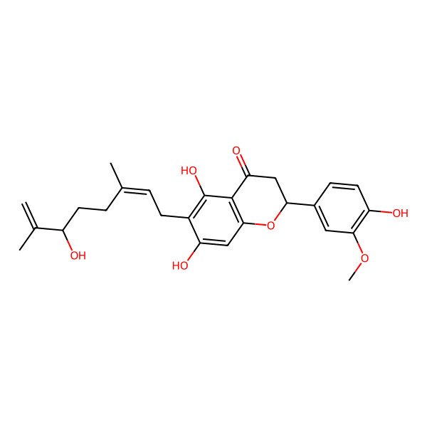 2D Structure of 5,7-Dihydroxy-6-(6-hydroxy-3,7-dimethylocta-2,7-dienyl)-2-(4-hydroxy-3-methoxyphenyl)-2,3-dihydrochromen-4-one