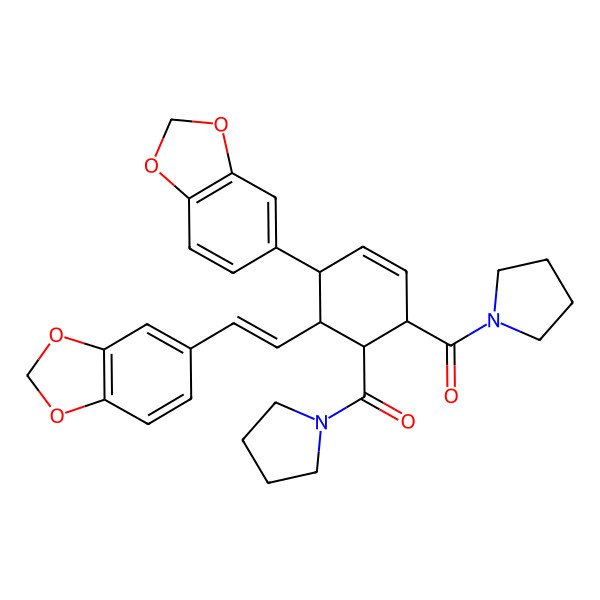 2D Structure of [4-(1,3-Benzodioxol-5-yl)-5-[2-(1,3-benzodioxol-5-yl)ethenyl]-6-(pyrrolidine-1-carbonyl)cyclohex-2-en-1-yl]-pyrrolidin-1-ylmethanone