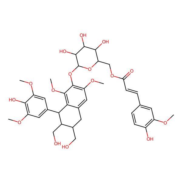 2D Structure of [3,4,5-Trihydroxy-6-[[8-(4-hydroxy-3,5-dimethoxyphenyl)-6,7-bis(hydroxymethyl)-1,3-dimethoxy-5,6,7,8-tetrahydronaphthalen-2-yl]oxy]oxan-2-yl]methyl 3-(4-hydroxy-3-methoxyphenyl)prop-2-enoate