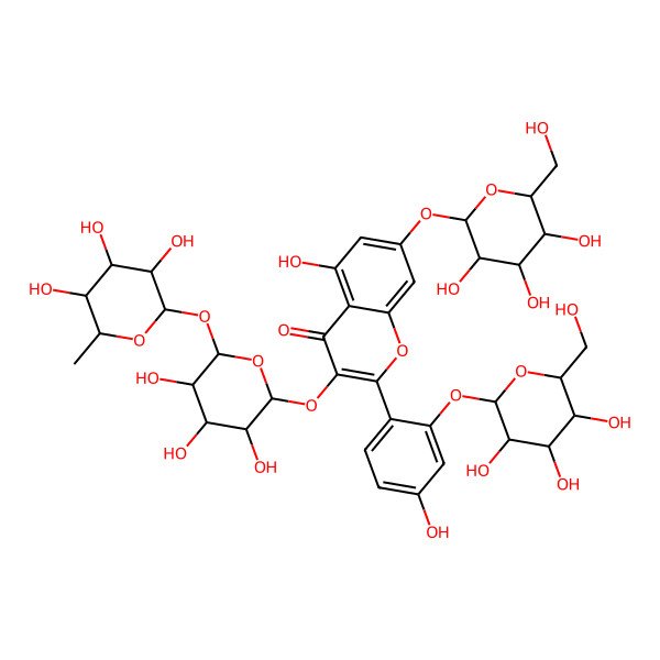 2D Structure of 5-hydroxy-2-[4-hydroxy-2-[(2S,3R,4S,5S,6R)-3,4,5-trihydroxy-6-(hydroxymethyl)oxan-2-yl]oxyphenyl]-7-[(2S,3R,4S,5S,6R)-3,4,5-trihydroxy-6-(hydroxymethyl)oxan-2-yl]oxy-3-[(2R,3R,4R,5S,6S)-3,4,5-trihydroxy-6-[(2S,3R,4S,5S,6S)-3,4,5-trihydroxy-6-methyloxan-2-yl]oxyoxan-2-yl]oxychromen-4-one