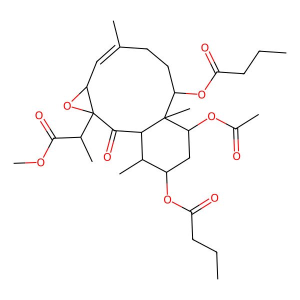 2D Structure of [12-Acetyloxy-14-butanoyloxy-3-(1-methoxy-1-oxopropan-2-yl)-7,11,15-trimethyl-2-oxo-4-oxatricyclo[9.4.0.03,5]pentadec-6-en-10-yl] butanoate