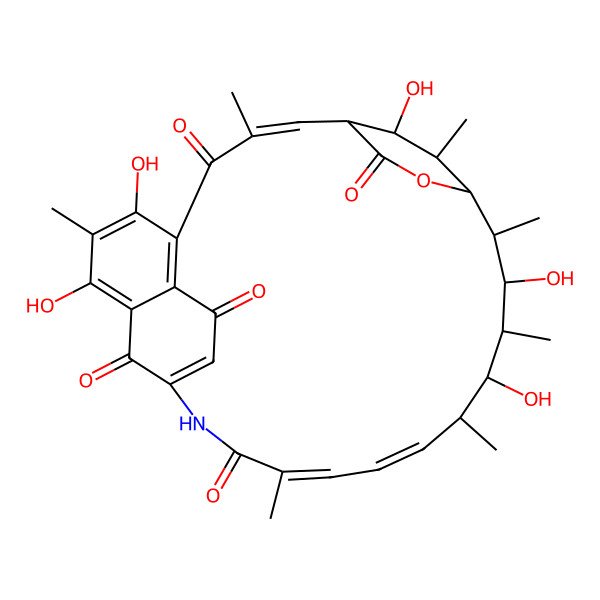 2D Structure of 6,8,21,23,28-Pentahydroxy-3,7,16,20,22,24,29-heptamethyl-26-oxa-14-azatetracyclo[23.2.2.19,13.05,10]triaconta-2,5(10),6,8,12,16,18-heptaene-4,11,15,27,30-pentone