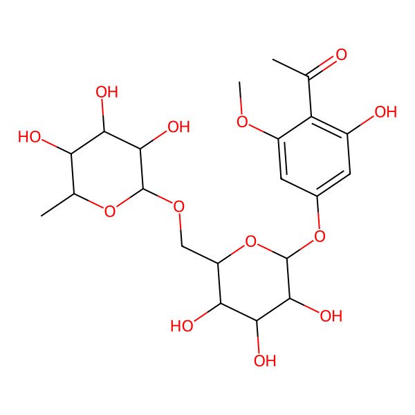 2D Structure of 1-[2-hydroxy-6-methoxy-4-[(2S,3R,4S,5S,6R)-3,4,5-trihydroxy-6-[[(2R,3R,4R,5R,6S)-3,4,5-trihydroxy-6-methyloxan-2-yl]oxymethyl]oxan-2-yl]oxyphenyl]ethanone