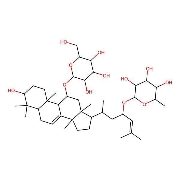 2D Structure of (2R,3R,4R,5R,6S)-2-[(4S,6R)-6-[(3R,5R,9R,10S,11R,13S,14S,17S)-3-hydroxy-4,4,10,13,14-pentamethyl-11-[(2R,3R,4S,5S,6R)-3,4,5-trihydroxy-6-(hydroxymethyl)oxan-2-yl]oxy-2,3,5,6,9,11,12,15,16,17-decahydro-1H-cyclopenta[a]phenanthren-17-yl]-2-methylhept-2-en-4-yl]oxy-6-methyloxane-3,4,5-triol