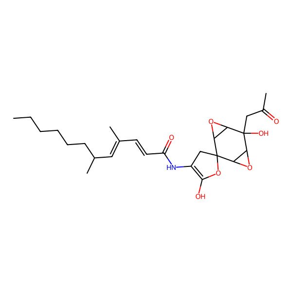 2D Structure of 2,4-Dodecadienamide, N-(dihydro-5',6-dihydroxy-6-(2-oxopropyl)spiro(4,8-dioxatricyclo(5.1.0.03,5)octane-2,2'(3'H)-furan)-4'-yl)-4,6-dimethyl-